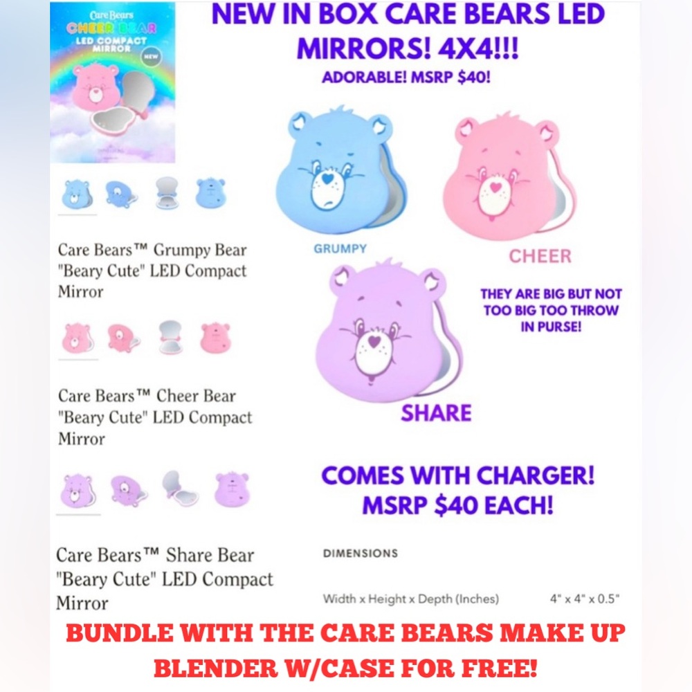 NWT! LED CARE BEARS VELVETY SOFT MAKE-UP MIRRORS! THEY’RE HIGH QUALITY & CUTE!